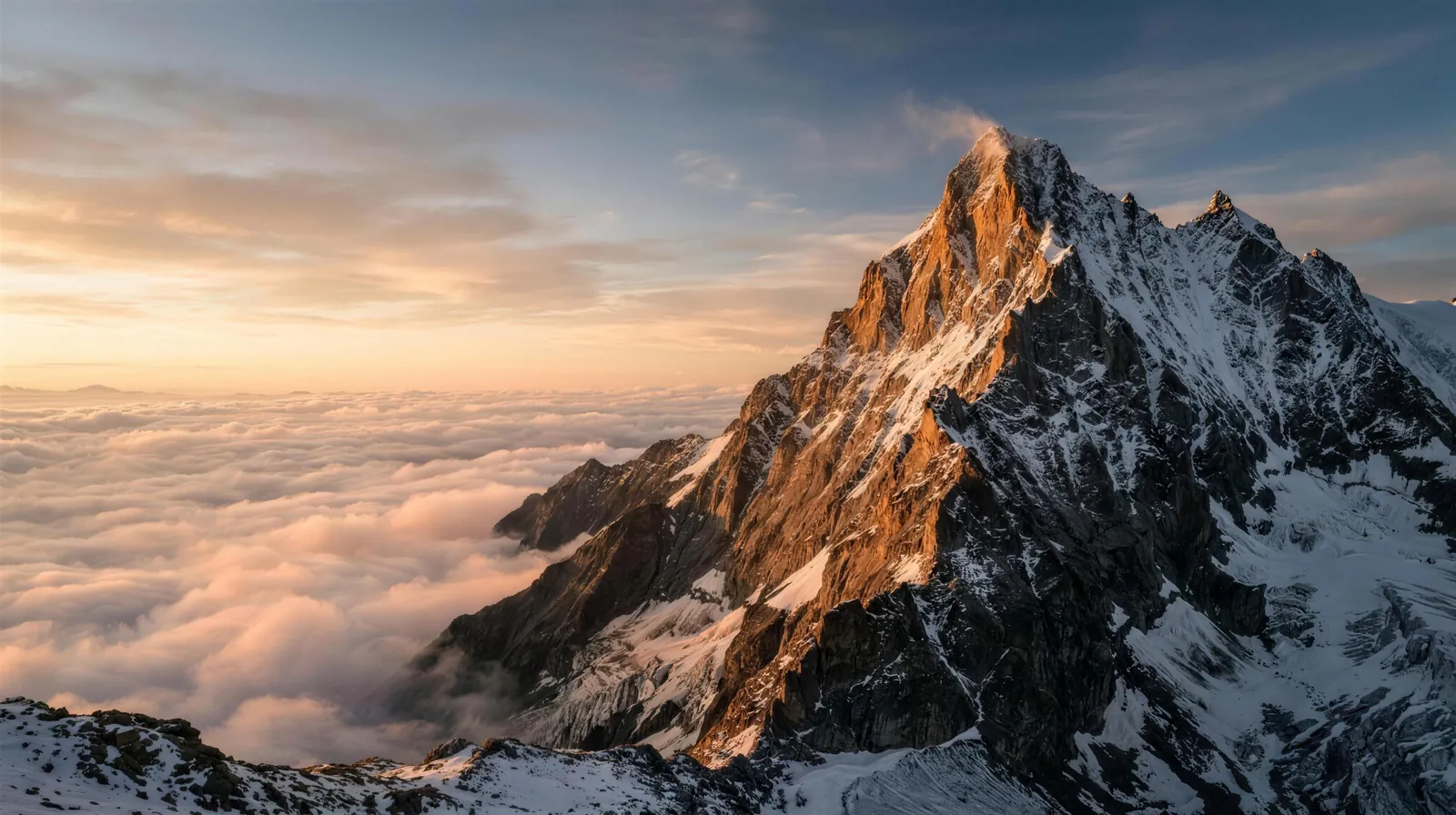 A snow-covered alpine summit lit by sunrise above a sea of clouds